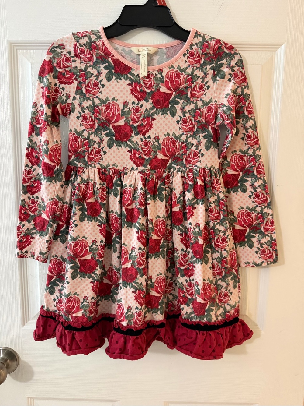 Girls' Pink Red Rose Print Long-Sleeve Dress with ruffles bottom